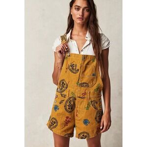 Free People Ziggy Overalls Yellow Paisley Floral Print Shorts Jumpsuit Size L